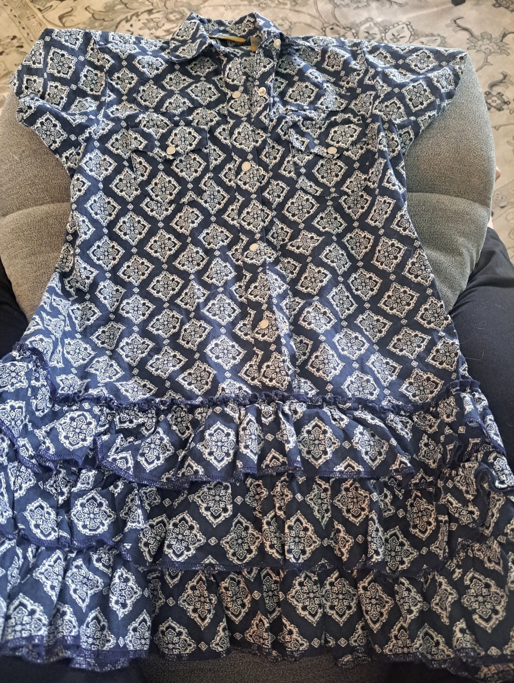 Girls Navy Blue Printed Ruffle Top
